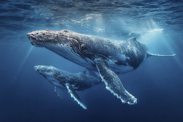Fototapeta premium Humpback whale mother and calf swimming underwater in clear blue ocean with sunlight rays penetrating water surface, showing peaceful marine life
