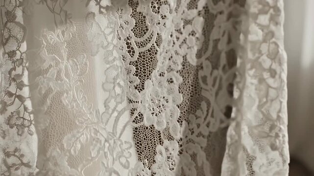 A sheet of delicate white lace fabric with intricate floral patterns