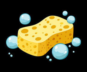 Yellow sponge with soap bubbles on dark background for cleaning service Graphic Asset