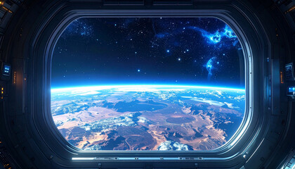 Spaceship View of Earth and Alien Planet with Blue Nebula and Stars in Outer Space window