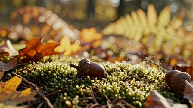 A single brown acorn rests on mossy ground surrounded by fall leaves