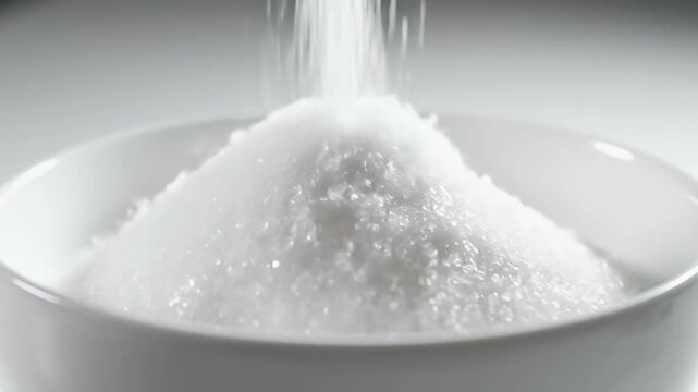 A stream of pure white granulated sugar falls into a bowl