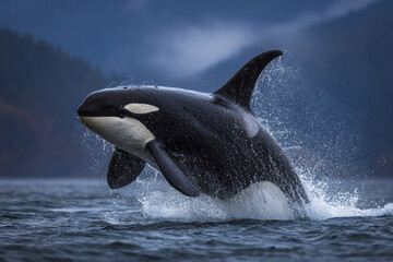 Fototapeta premium Orca breaching powerful leap with water droplets splashing in ocean near forested coastline under cloudy sky