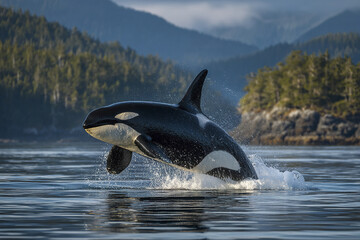 Obraz premium Orca jumping in coastal waters with splash, surrounded by calm sea and forested mountains under cloudy sky, showing dynamic marine wildlife in natural habitat