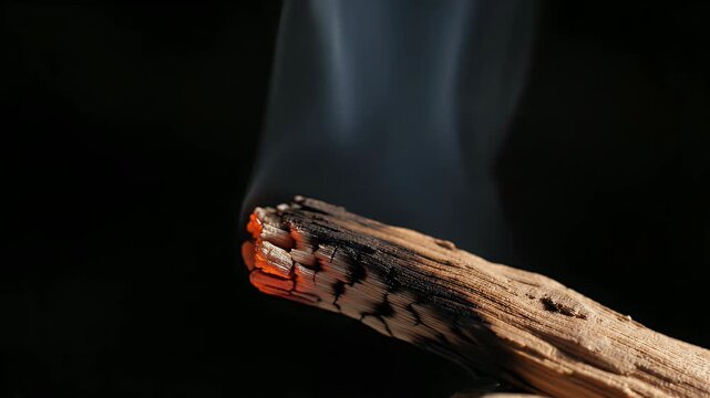 Burning cedar wood stick emitting smoke