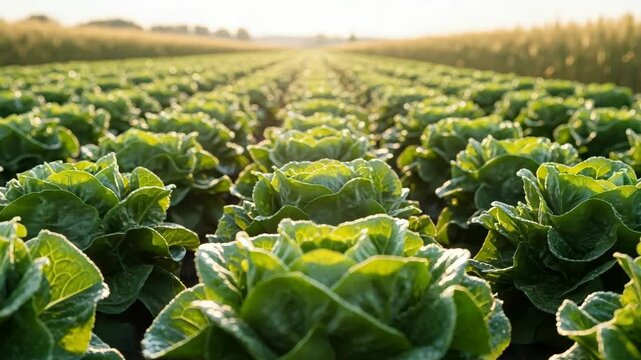 Rows Of Leafy Green Romaine Lettuce Plants Growing In Field Bathed In Sunlight Distant Cornfield Forms The Background For Showcasing Agriculture Healthy Eating Concepts