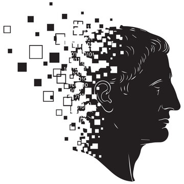 Stunning digital illustration of a man's head with pixels exploding