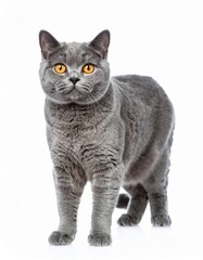 Obraz premium Full body shot of a gray, short-haired cat with striking orange eyes, on a white background