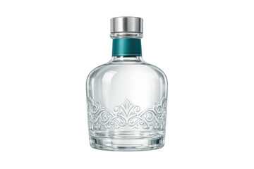 Naklejka premium Glass bottle with premium clear spirit, ornate embellishment and teal neck label, on transparent background