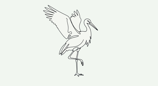 A vector illustration design featuring the silhouettes of a man and woman near a flying stork carrying a newborn baby across a nature sky filled with birds and feathers