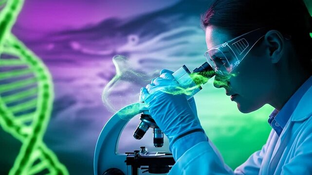Scientific Discovery: A focused scientist, shielded by safety glasses and gloves, intensely examines samples under the powerful lens of a microscope in a laboratory setting.