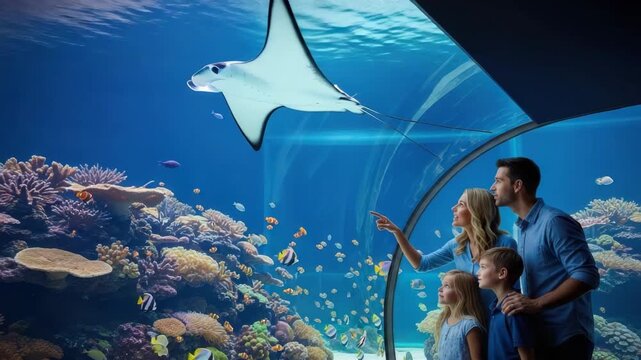 Family At Aquarium Pointing At Giant Manta Ray Diverse Fish Swimming Among Coral Reefs Creating Beautiful Underwater Exhibit Scene For Tourism Educational Materials