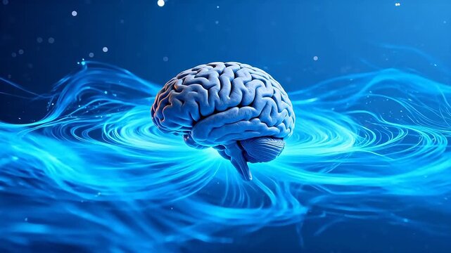 Human brain with blue energy waves