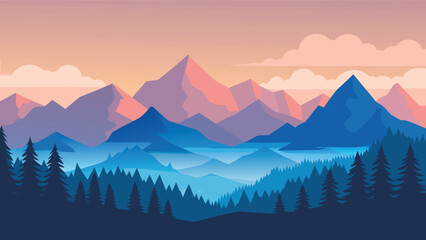 Obraz premium A stylized landscape depicts a range of mountains against a colorful gradient sunset sky high-quality