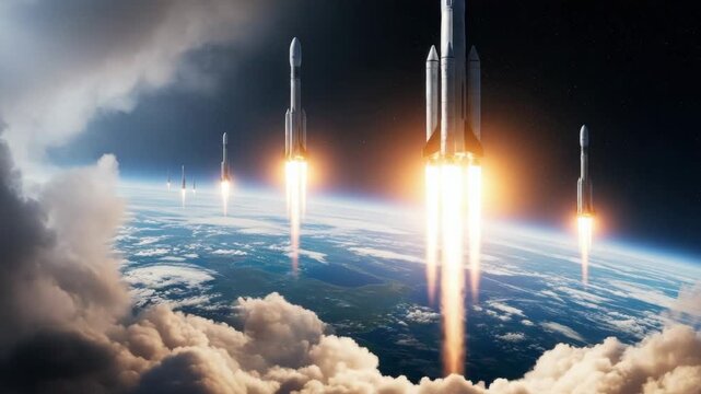 Multiple Rockets Launching Into Space Ascending From Earth With Clouds In The Foreground Starry Sky In The Background For Scientific Educational Commercial Purposes