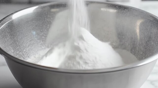 Fine white flour being poured into a metal mixing bowl