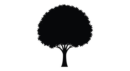 A stark black silhouette of a full rounded tree stands prominently against a clean white background high quality © AL-AMIN