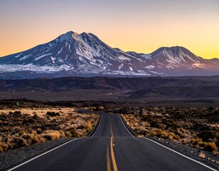 A winding asphalt road leads the eye toward snow-capped mountains at dusk, under an orange and yellow sky