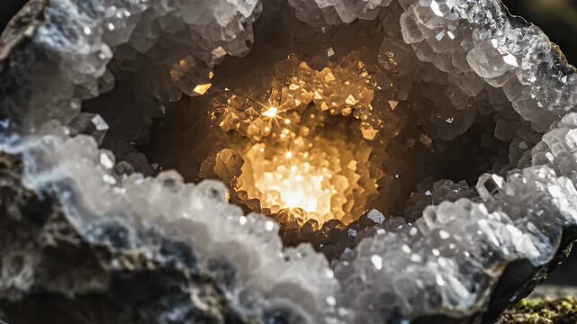 Inside a sparkling crystal geode with warm light