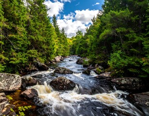 A winding river flows through a dense forest under a bright sky with puffy clouds