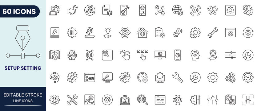 Setting and setup line icon set. Includes configuration, option, settings, control and more. Editable stroke. Vector illustration.