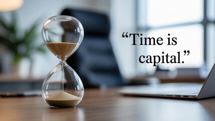 Hourglass on office desk with 'Time is capital' quote