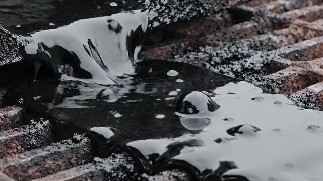 Molten dark tar flowing over a textured surface