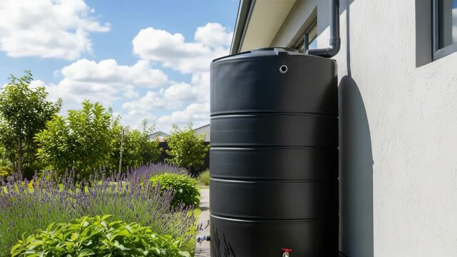 Large Black Water Tank Beside House Shows Water Storage With Garden Of Flowers In Front Of The Tank Blue Sky Clouds In The Background Demonstrating Water Conservation It Can Be Used