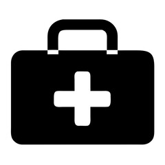 Obraz premium Medical icon featuring a first aid kit with a white cross symbol on black background