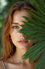 Naklejka premium Woman with ginger hair holds green tropical leaf near face. She looks at camera with natural makeup and healthy skin. Outdoor beauty portrait, bokeh background. Natural pose, green foliage.