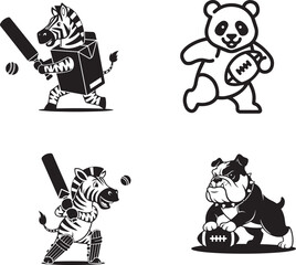 Vector cartoon animal sports mascots: zebra playing cricket, panda and bulldog playing American football, black and white isolated on white