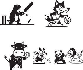 Vector animal sports icons set: badger playing cricket, wolf basketball, cow baseball, dog field hockey, panda golf, lion boxing, isolated on white