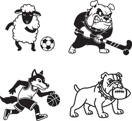 Vector sports mascots set: sheep with soccer ball, bulldog with hockey stick, wolf playing basketball, bulldog with football, isolated on white