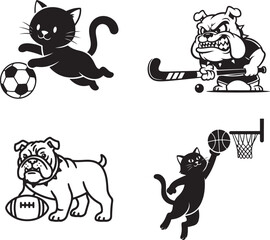 Black and white vector sports animal mascots: cat playing soccer, bulldog playing field hockey, bulldog with football, cat playing basketball, isolated on white