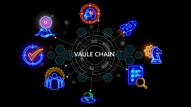 Value chain, business concept. Banner web animated icons of service ,cube glow with and holographic futuristic technology matrix global security with digital spot light