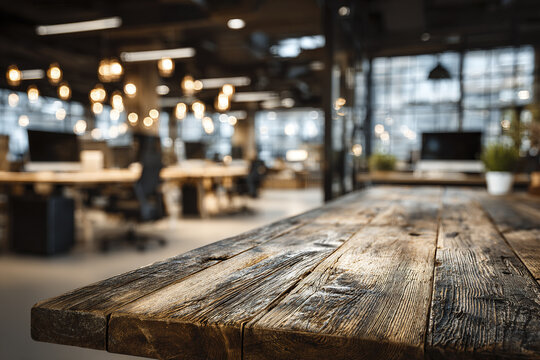 Rustic wooden table surface with blurred modern office background featuring warm lighting and open workspace, creating cozy and productive atmosphere