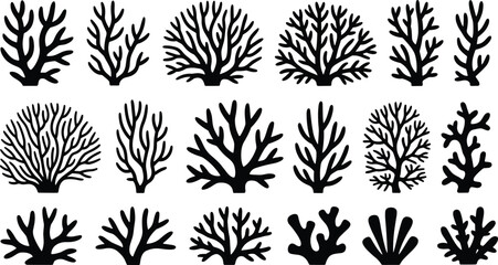 Coral silhouettes collection, black coral reef shapes set, isolated underwater marine vector illustration, decorative ocean plant stencil icons for designv © SreeShoyagini