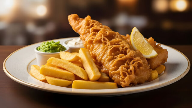 Delicious plate of traditional fish and chips with mushy peas and tartar sauce