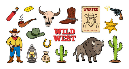 Obraz premium Wild West Cartoon Elements and Characters with Cowboy and Sheriff Badge. Colorful Wild West clipart set with cowboy, bison, cactus, revolver, boots, hats, skull and other. Cartoon vector wild west.