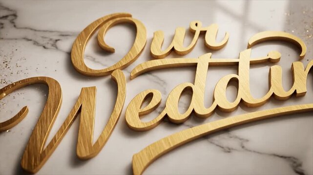 Our Wedding Title Reveal Golden Wood Lettering on White Marble Stone Surface