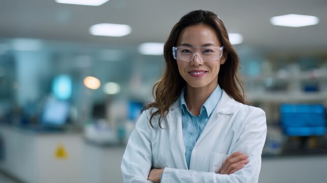 Confident asian scientist in lab coat and safety glasses portrait