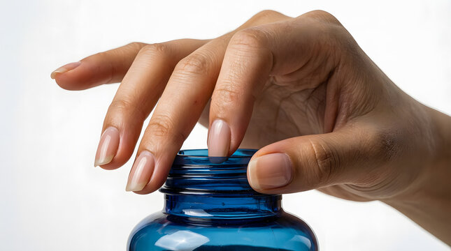 A healthy female hand opening a blue vitamin bottle with a child-proof cap, isolated on white.