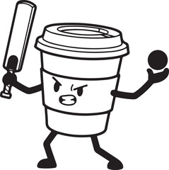 Vector cartoon coffee cup character playing baseball with bat and ball, black and white illustration isolated on white
