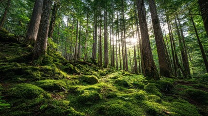 Obraz premium Sunlight Filtering Through Lush Green Forest Canopy Illuminating Moss Covered Ground Creating Peaceful Woodland Scenery with Natural Lighting and Sunbeams