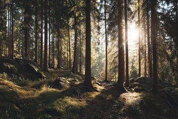Obraz premium Sunlight Illuminates Tall Pine Trees in Dense Forest Creating Serene Landscape with Green Undergrowth and Golden Light During Daytime