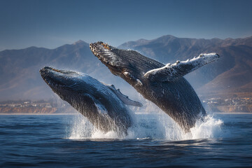 Fototapeta premium Two humpback whales breaching side by side in ocean with mountains in background, creating powerful and dynamic natural scene full of energy and life