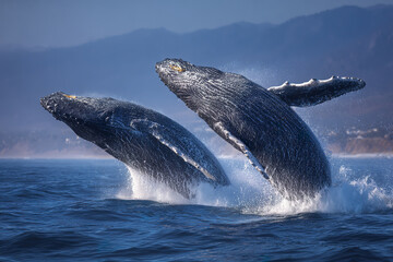 Naklejka premium Two whales breaching ocean surface with powerful splashes near mountainous coastline under clear sky, showcasing dynamic wildlife behavior in natural habitat