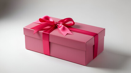 Obraz premium Pink Gift Box with Bright Pink Ribbon – Rectangular Cardboard Gift on White Surface