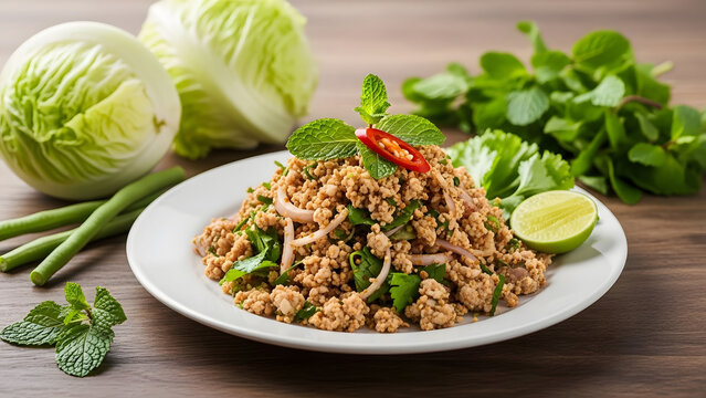 Delicious Thai Larb dish with fresh herbs and lime on wooden table