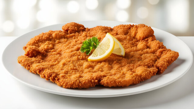 Crispy fried chicken cutlet on white plate with lemon slice and parsley